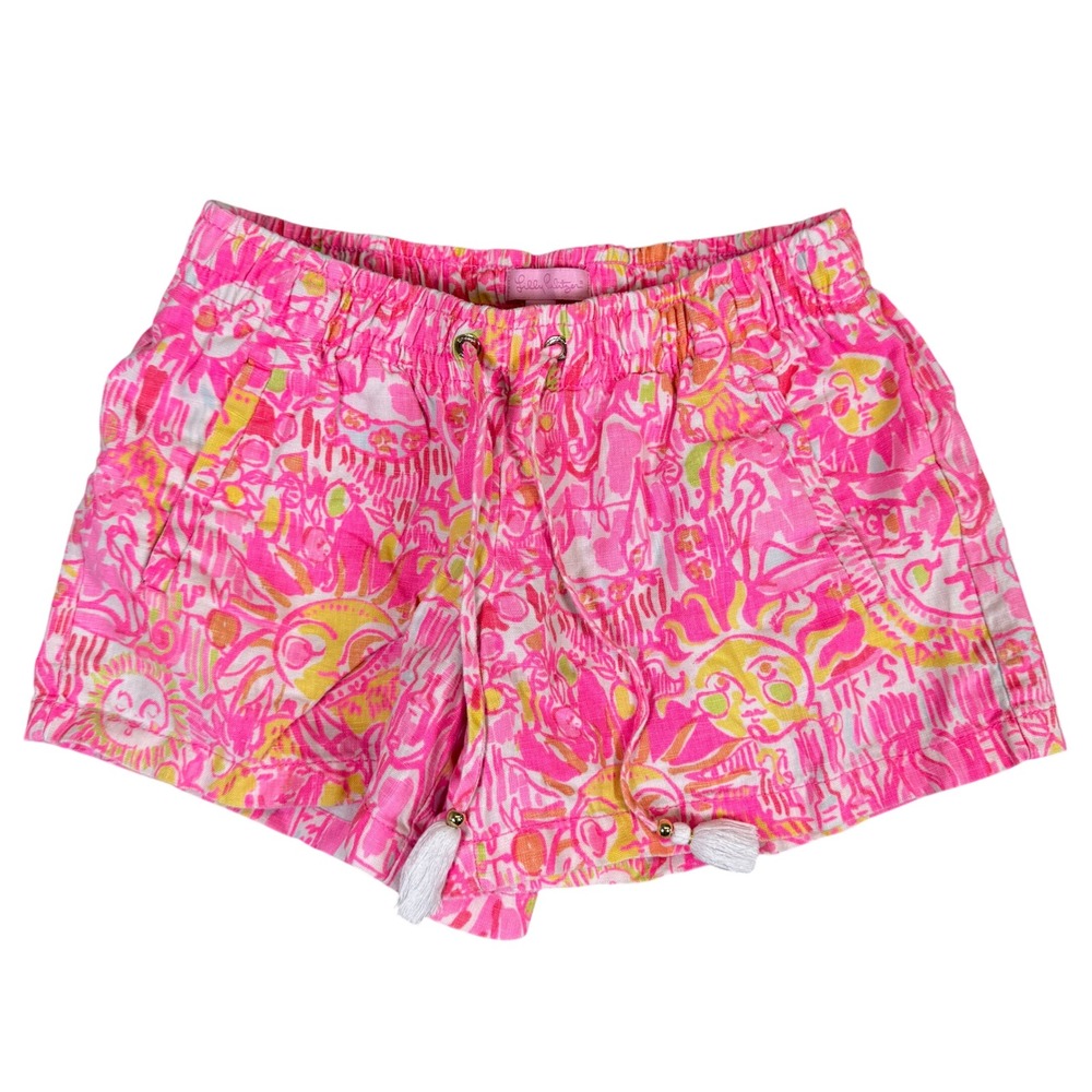Lilly Pulitzer Linen Pink Yellow Tropical Sun Print Tassel Drawstring Shorts XS